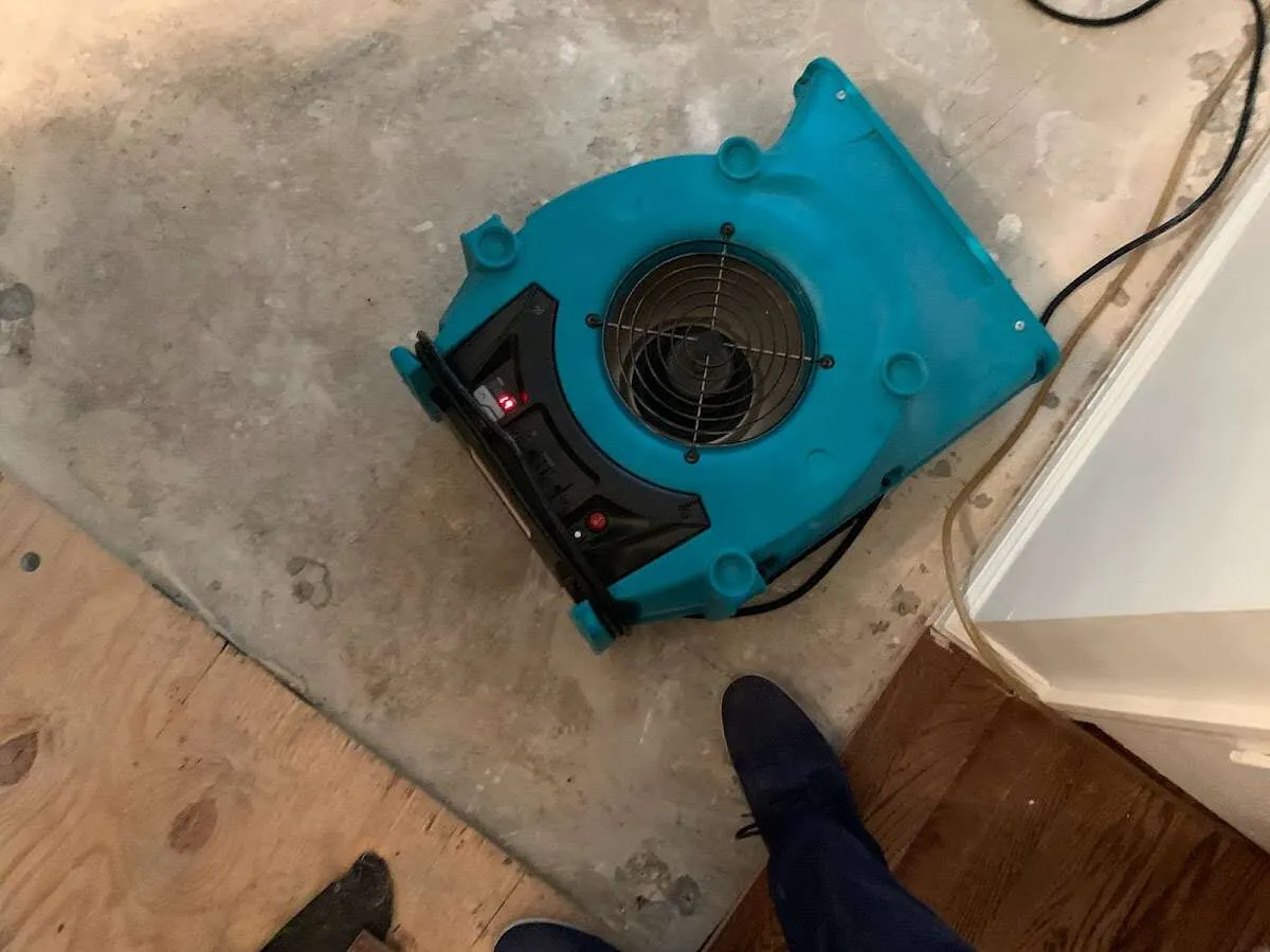 Air mover drying subfloor during Leak Detection & Repair in Hillside